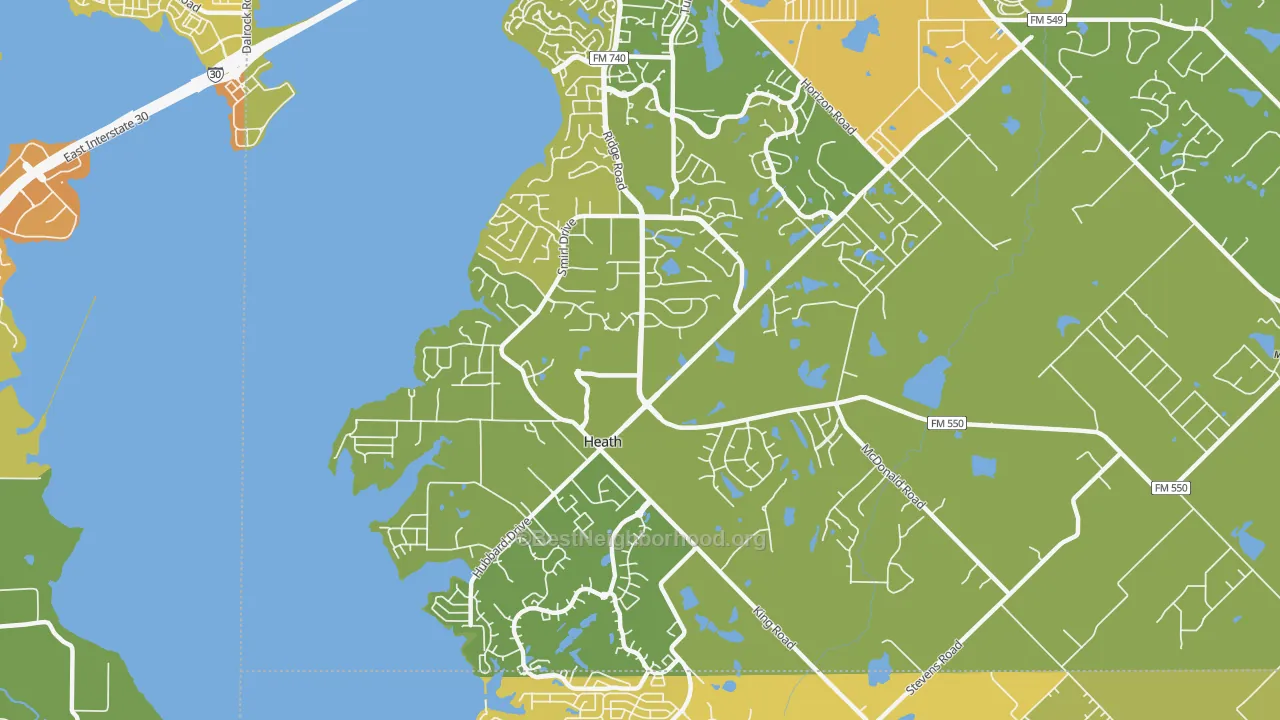 Map of the best neighborhoods in the Heath area, with better matches in green and worse matches in red