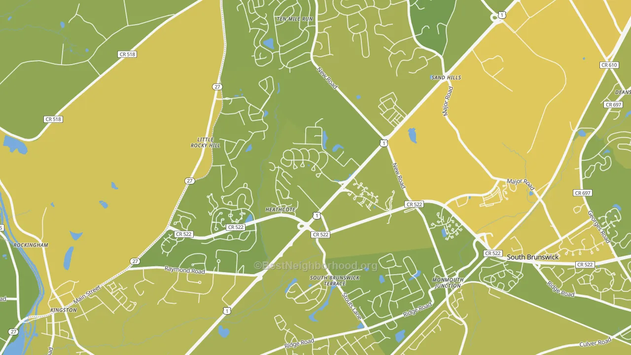 Map of the best neighborhoods in the Heathcote area, with better matches in green and worse matches in red