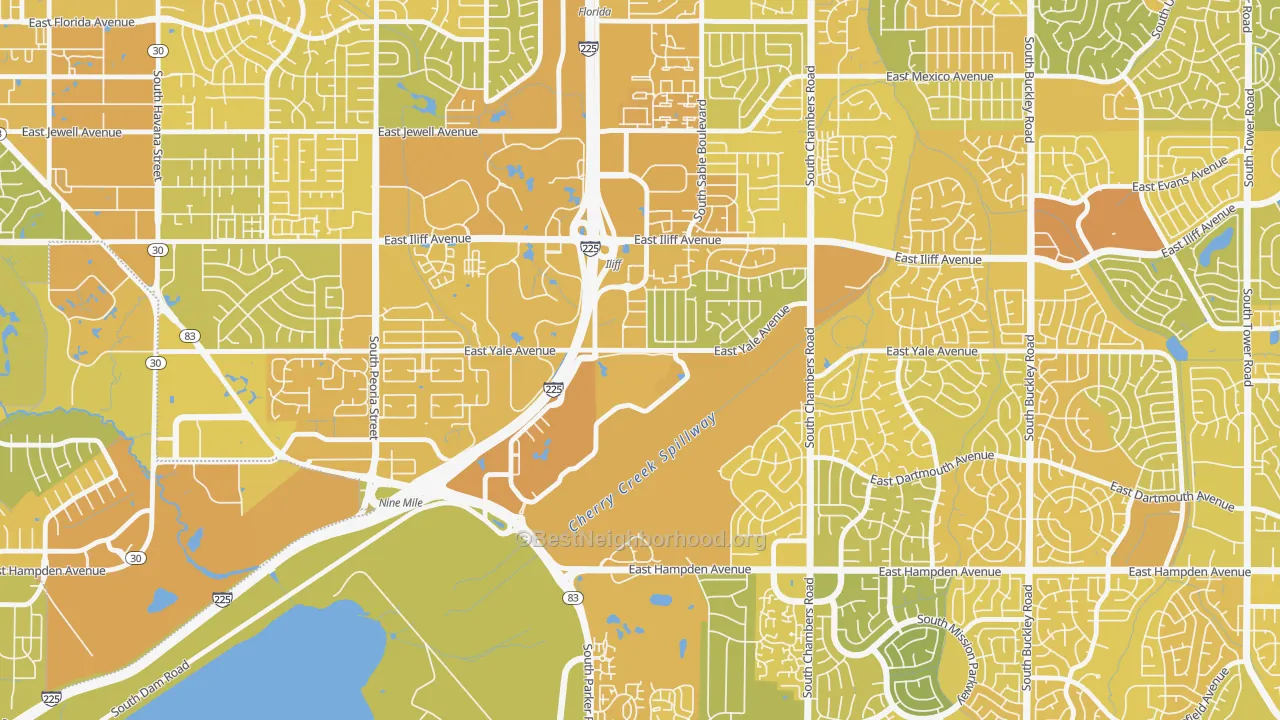 Map of the best neighborhoods in the Heather Gardens, Aurora area, with better matches in green and worse matches in red