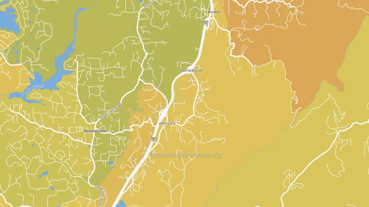 Map of the best neighborhoods in the Heather Glen area, with better matches in green and worse matches in red