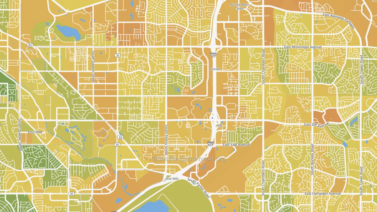 Map of the best neighborhoods in the Heather Ridge, Aurora area, with better matches in green and worse matches in red