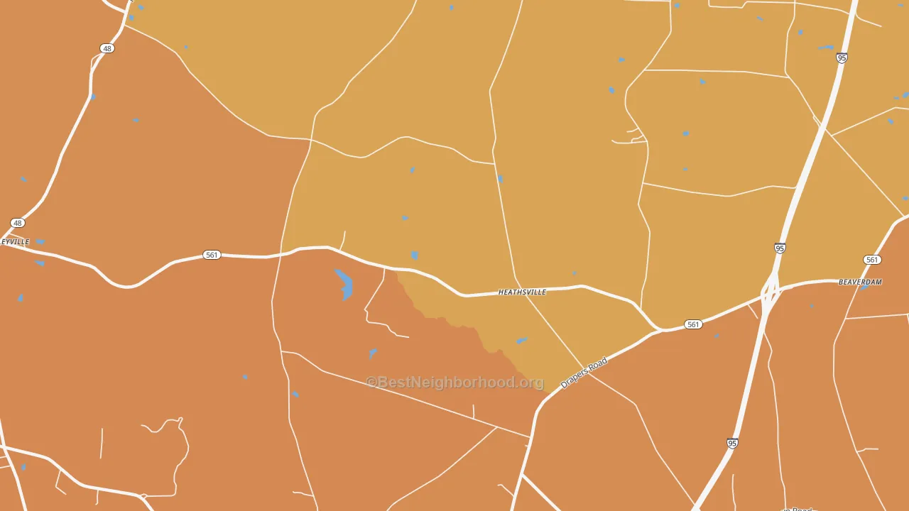 Map of the best neighborhoods in the Heathsville area, with better matches in green and worse matches in red