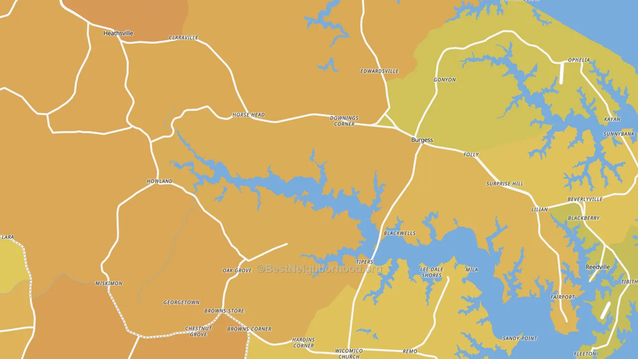 Map of the best neighborhoods in the Heathsville area, with better matches in green and worse matches in red