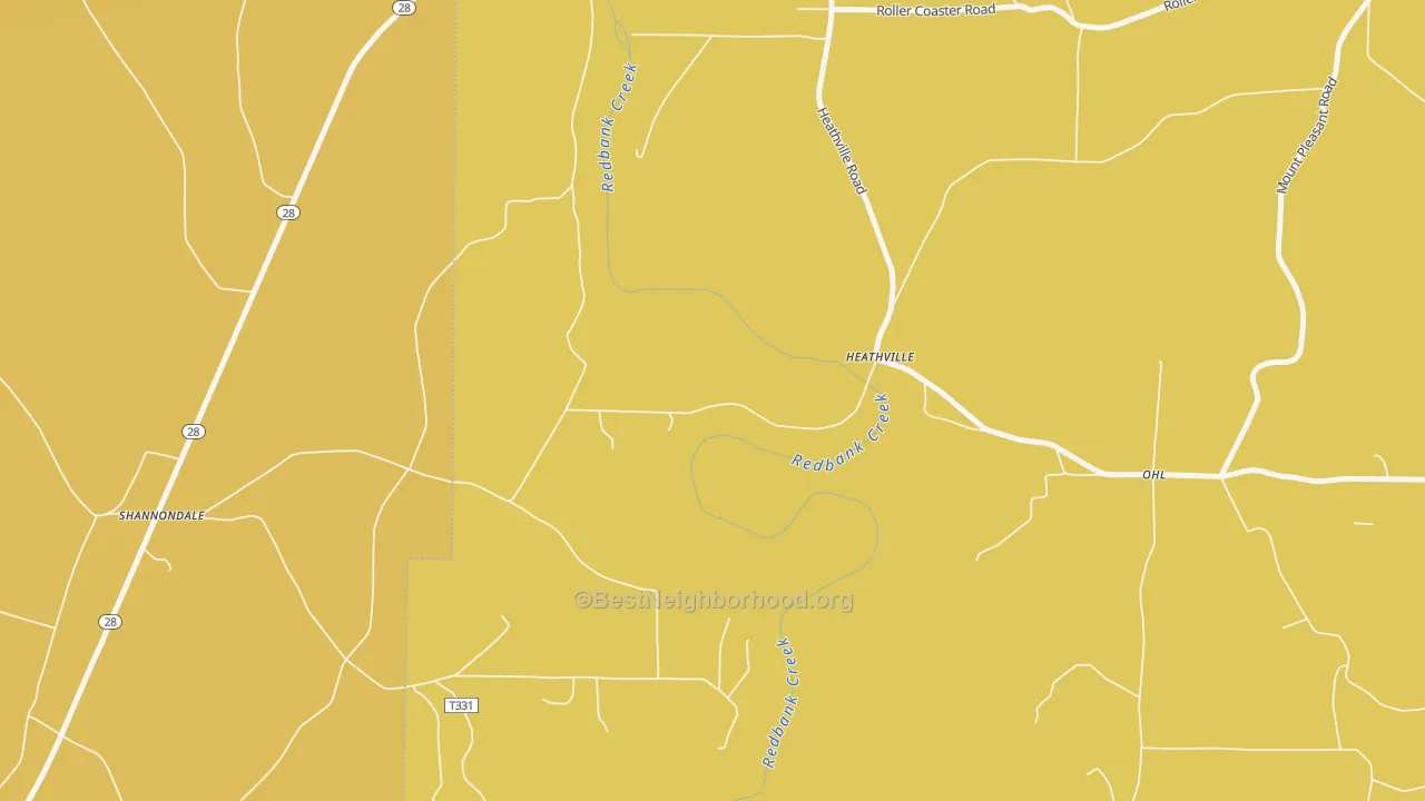 Map of the best neighborhoods in the Heathville area, with better matches in green and worse matches in red