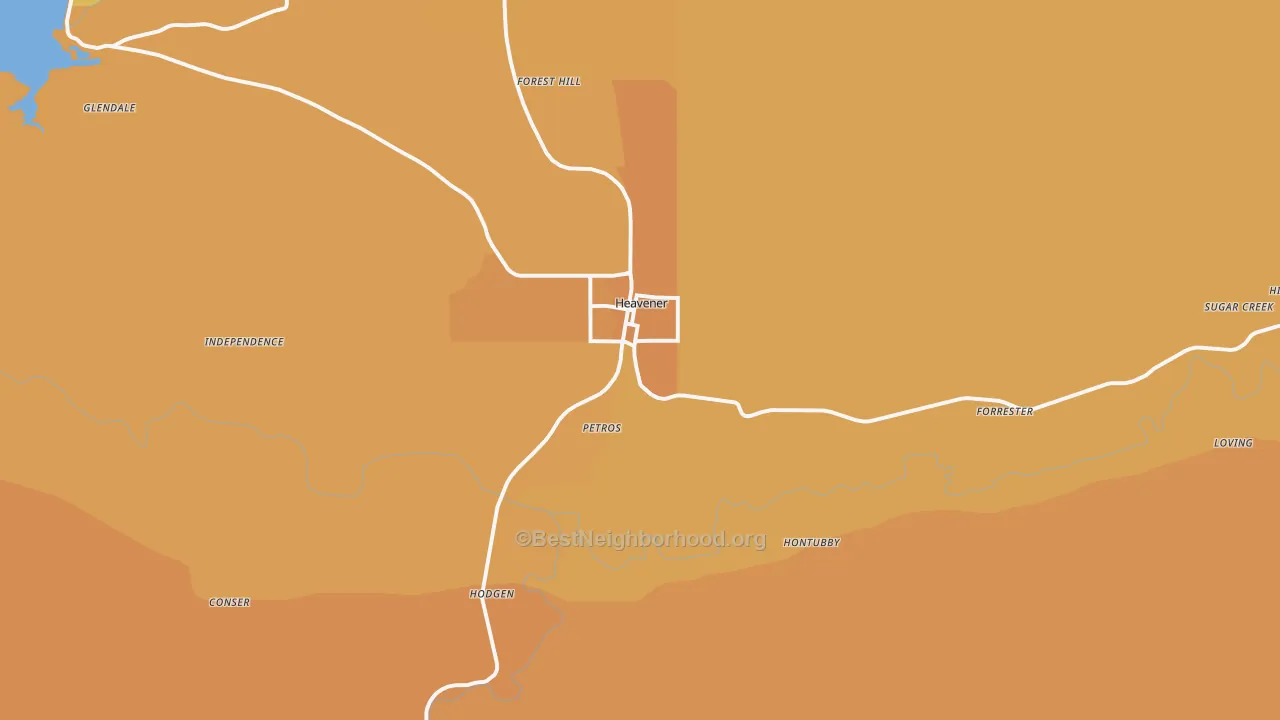 Map of the best neighborhoods in the Heavener area, with better matches in green and worse matches in red