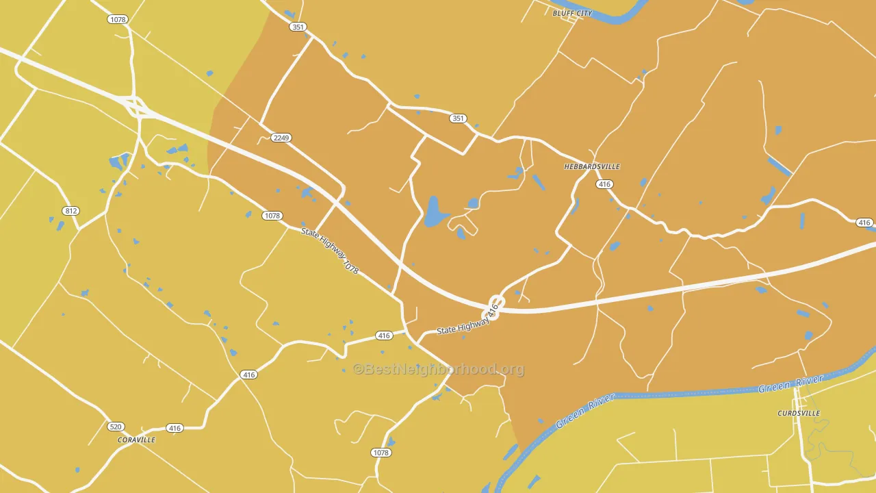 Map of the best neighborhoods in the Hebbardsville area, with better matches in green and worse matches in red