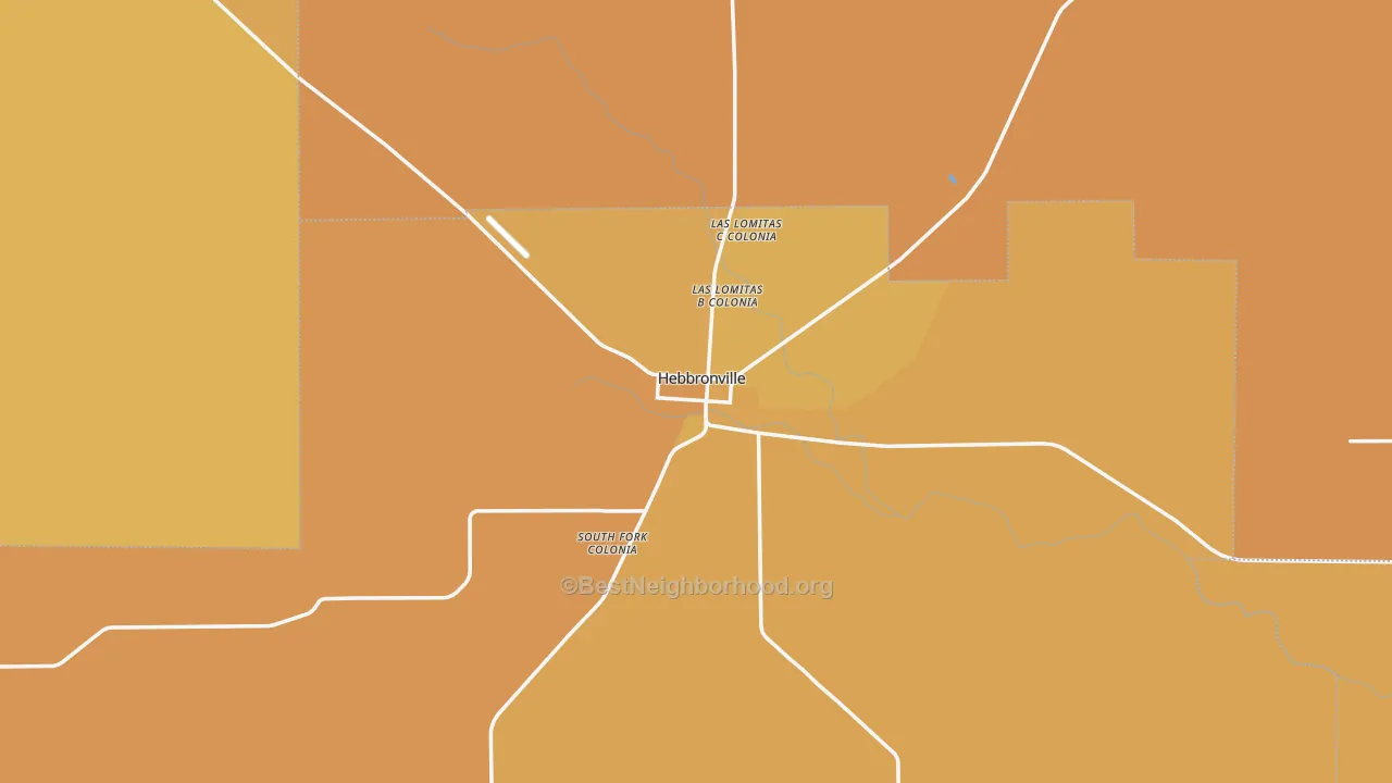 Map of the best neighborhoods in the Hebbronville area, with better matches in green and worse matches in red