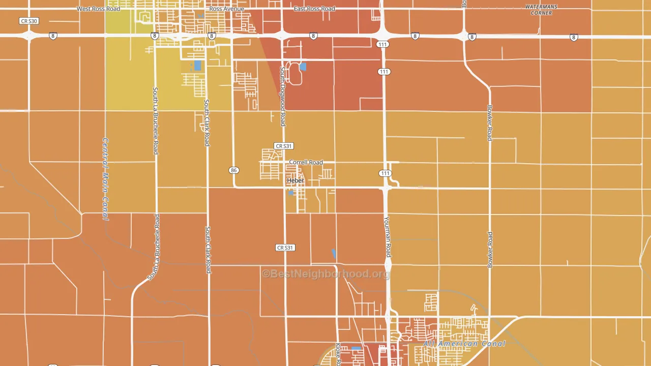 Map of the best neighborhoods in the Heber area, with better matches in green and worse matches in red