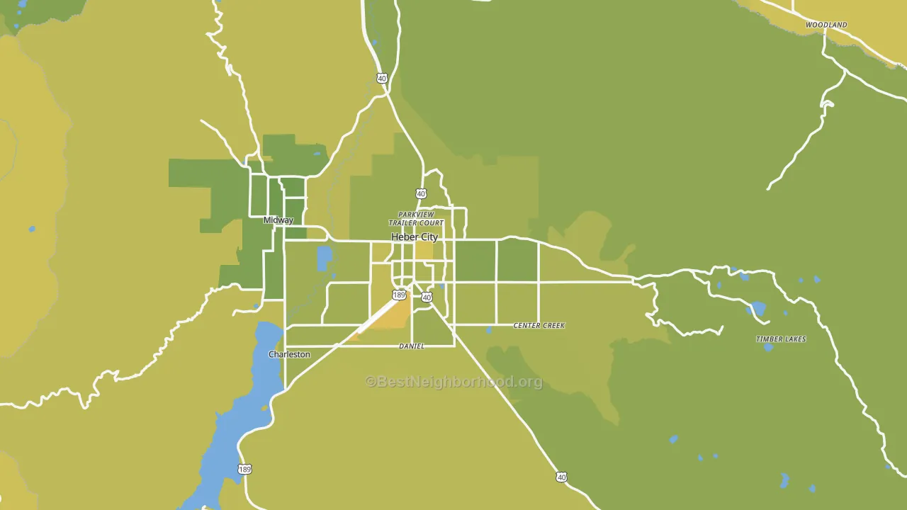 Map of the best neighborhoods in the Heber City area, with better matches in green and worse matches in red