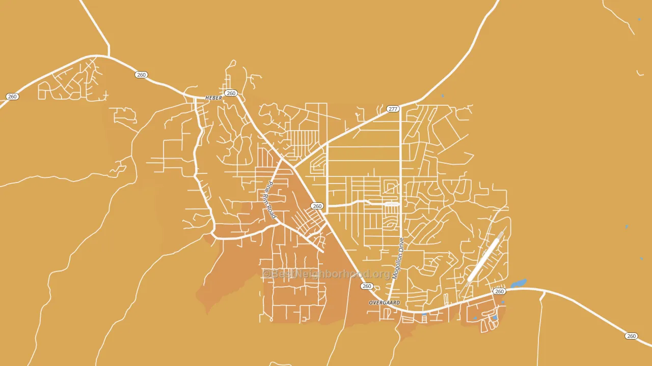 Map of the best neighborhoods in the Heber-Overgaard area, with better matches in green and worse matches in red