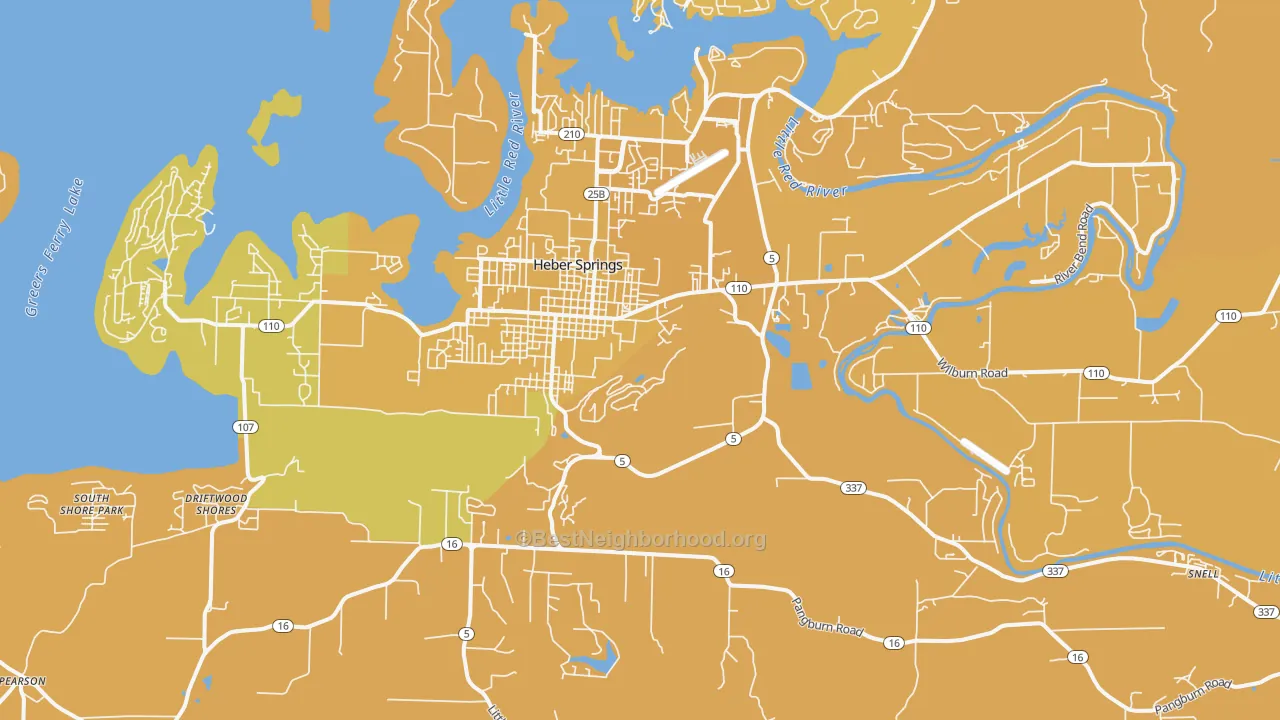 Map of the best neighborhoods in the Heber Springs area, with better matches in green and worse matches in red