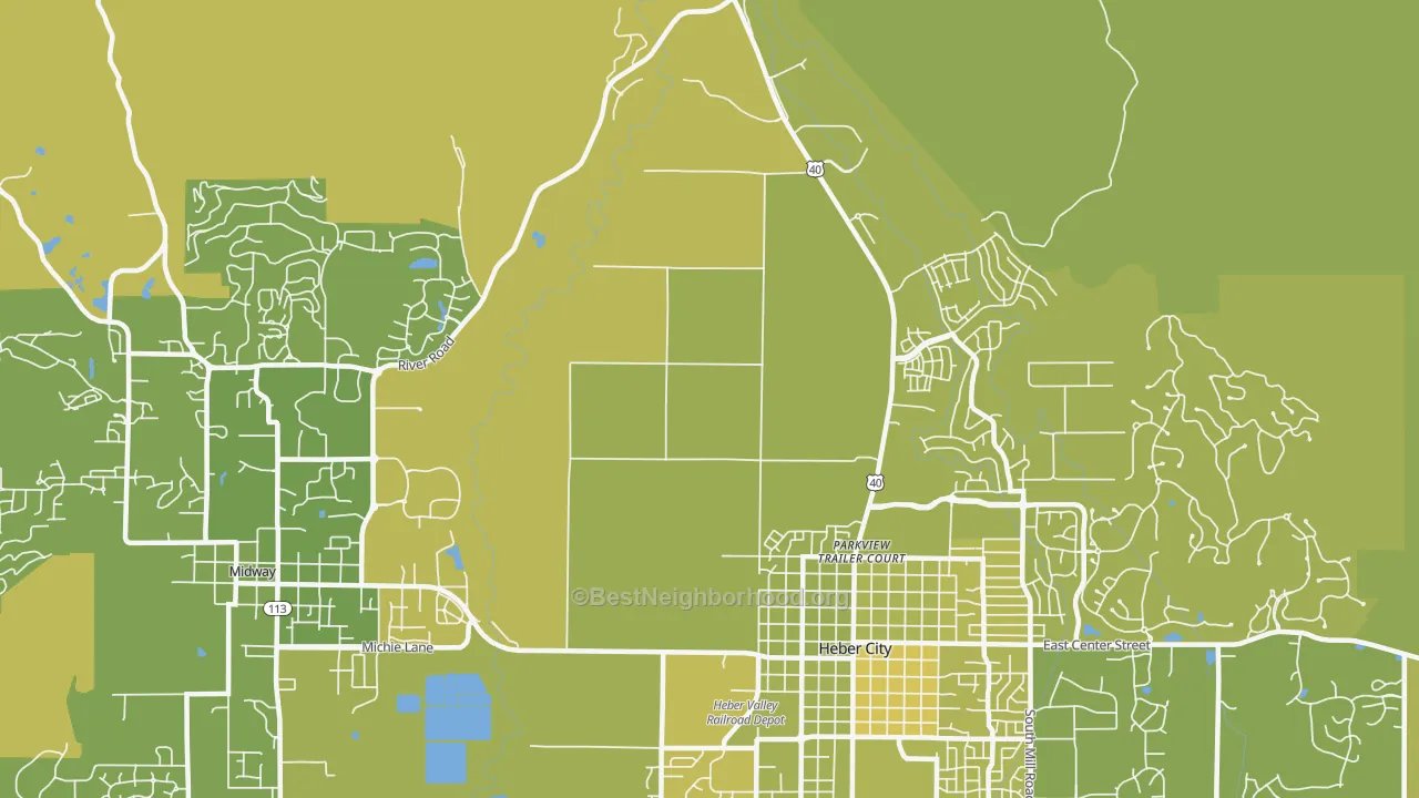 Map of the best neighborhoods in the Heber area, with better matches in green and worse matches in red