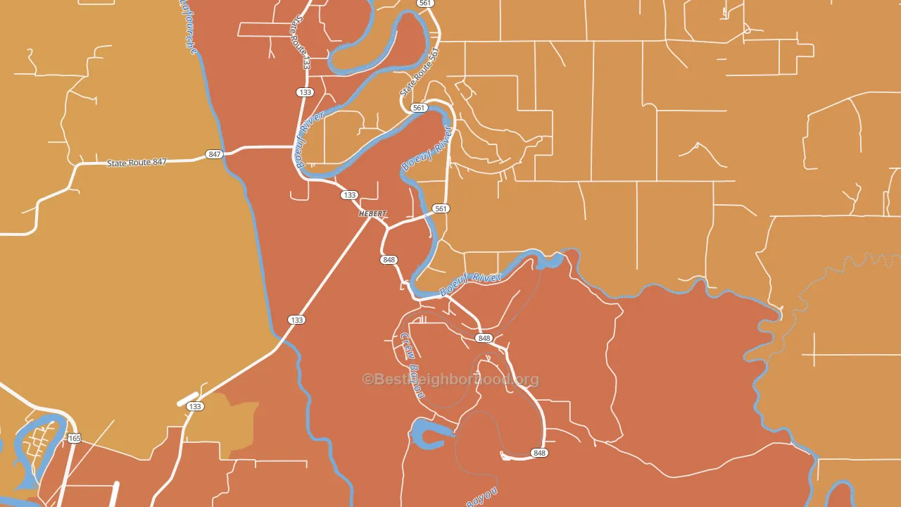 Map of the best neighborhoods in the Hebert area, with better matches in green and worse matches in red