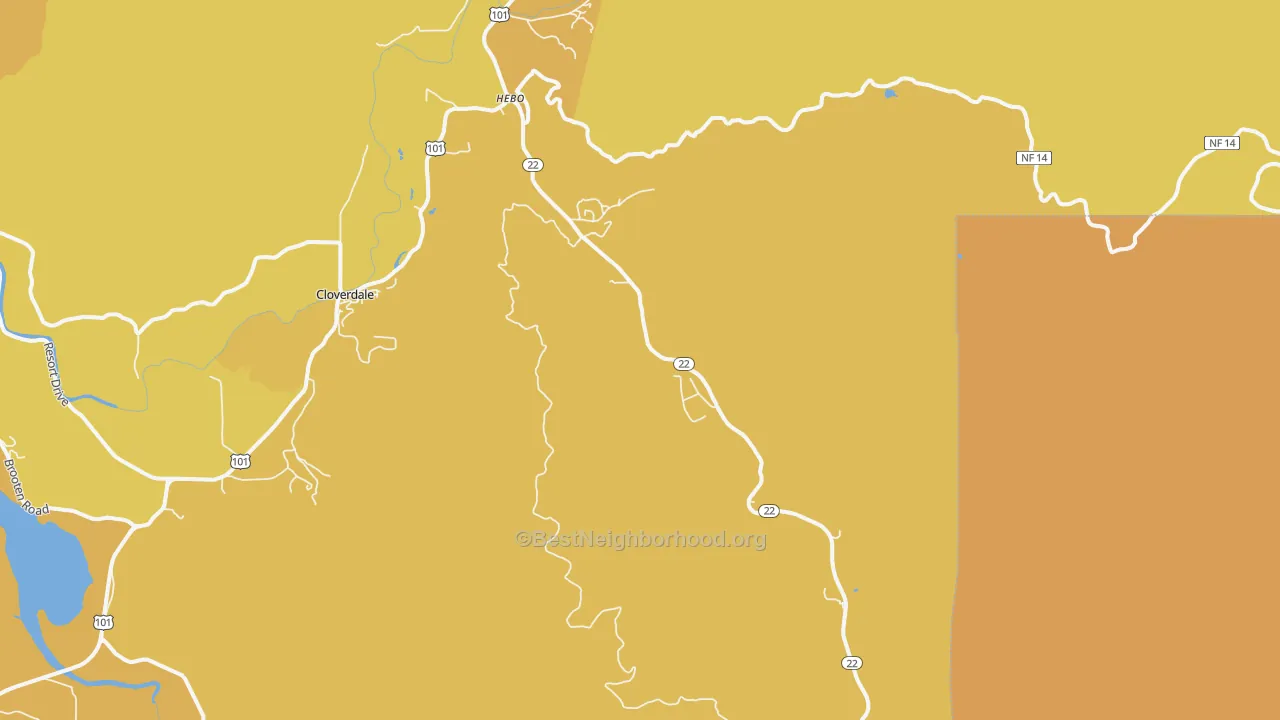 Map of the best neighborhoods in the Hebo area, with better matches in green and worse matches in red