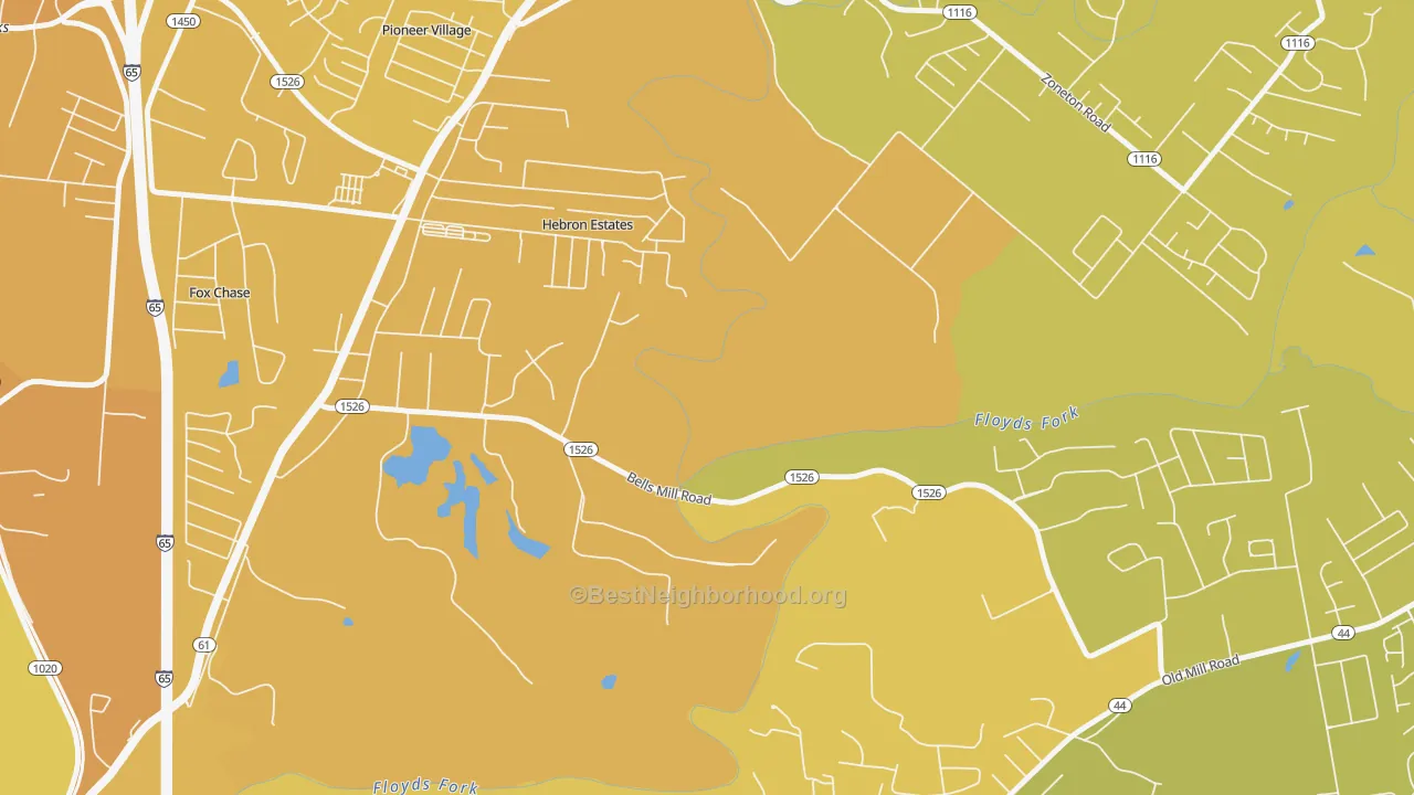 Map of the best neighborhoods in the Hebron Estates area, with better matches in green and worse matches in red