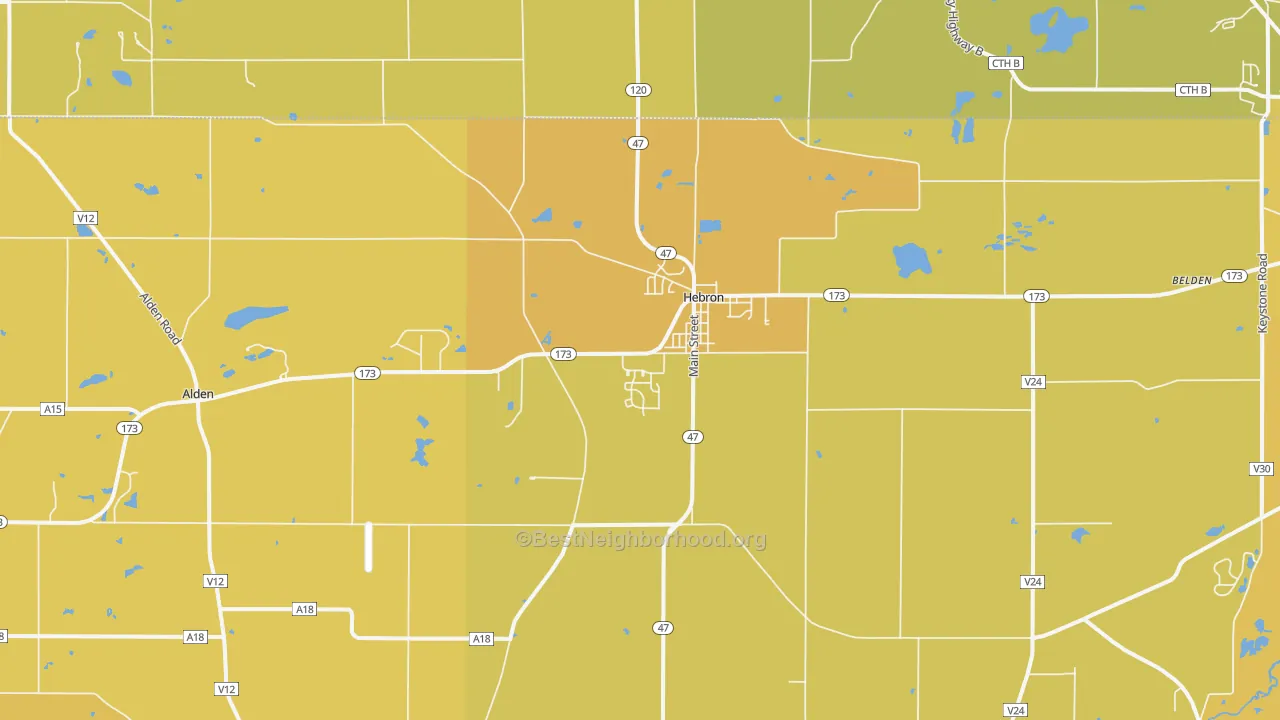 Map of the best neighborhoods in the Hebron area, with better matches in green and worse matches in red