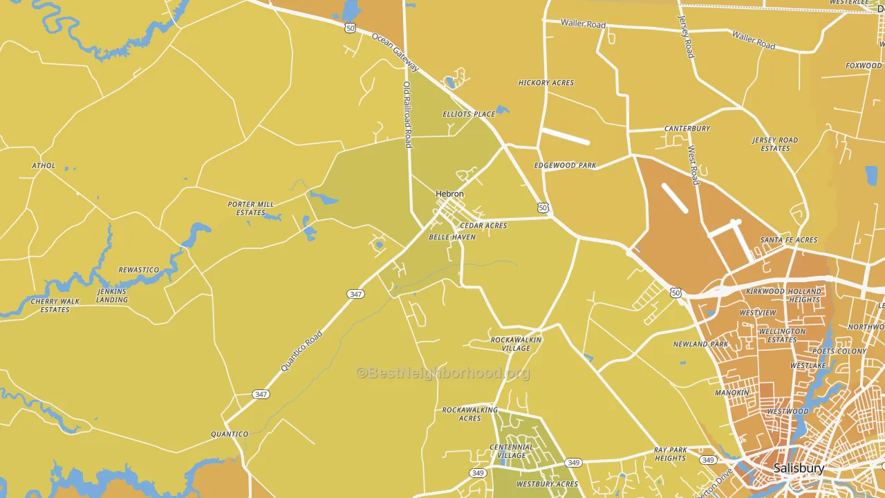 Map of the best neighborhoods in the Hebron area, with better matches in green and worse matches in red