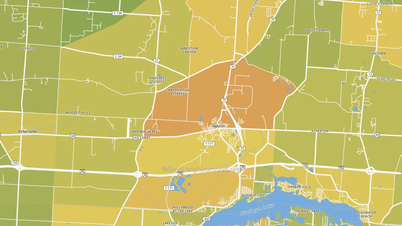 Map of the best neighborhoods in the Hebron area, with better matches in green and worse matches in red
