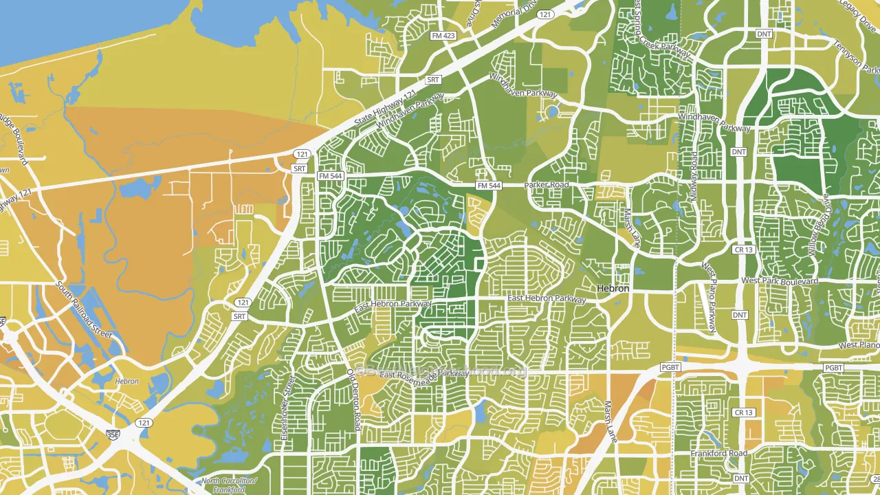 Map of the best neighborhoods in the Hebron area, with better matches in green and worse matches in red