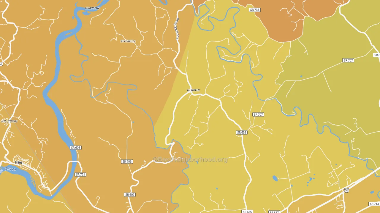 Map of the best neighborhoods in the Hebron area, with better matches in green and worse matches in red