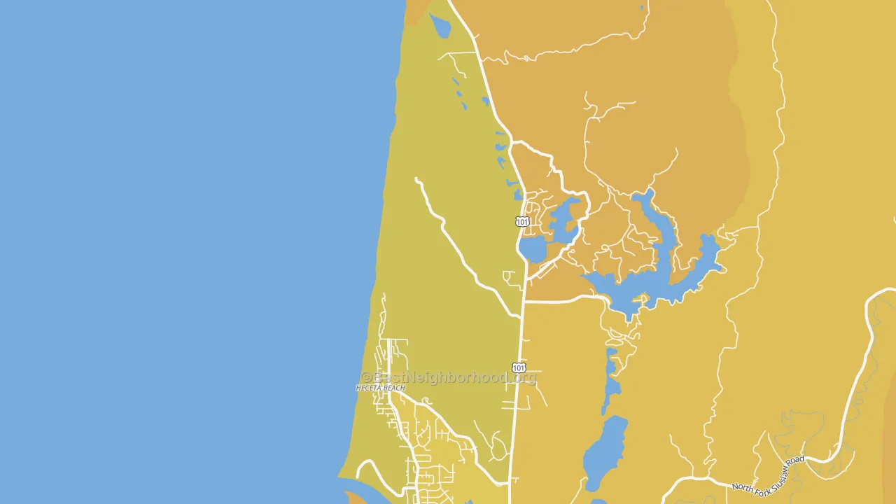 Map of the best neighborhoods in the Heceta Beach area, with better matches in green and worse matches in red