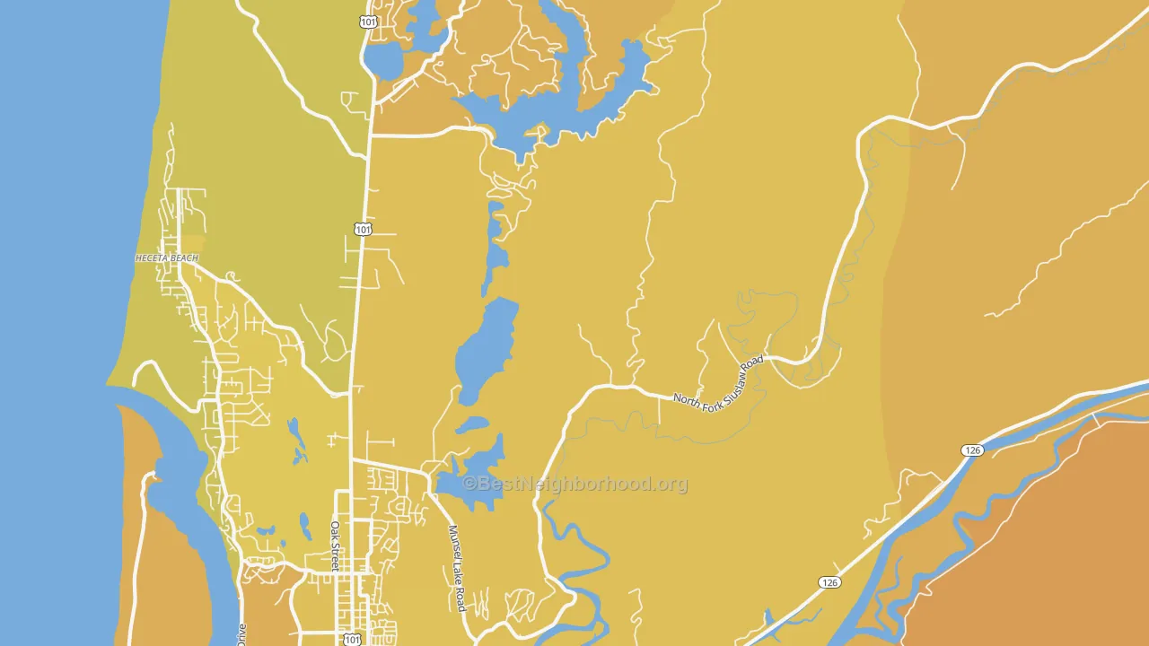 Map of the best neighborhoods in the Heceta Junction area, with better matches in green and worse matches in red