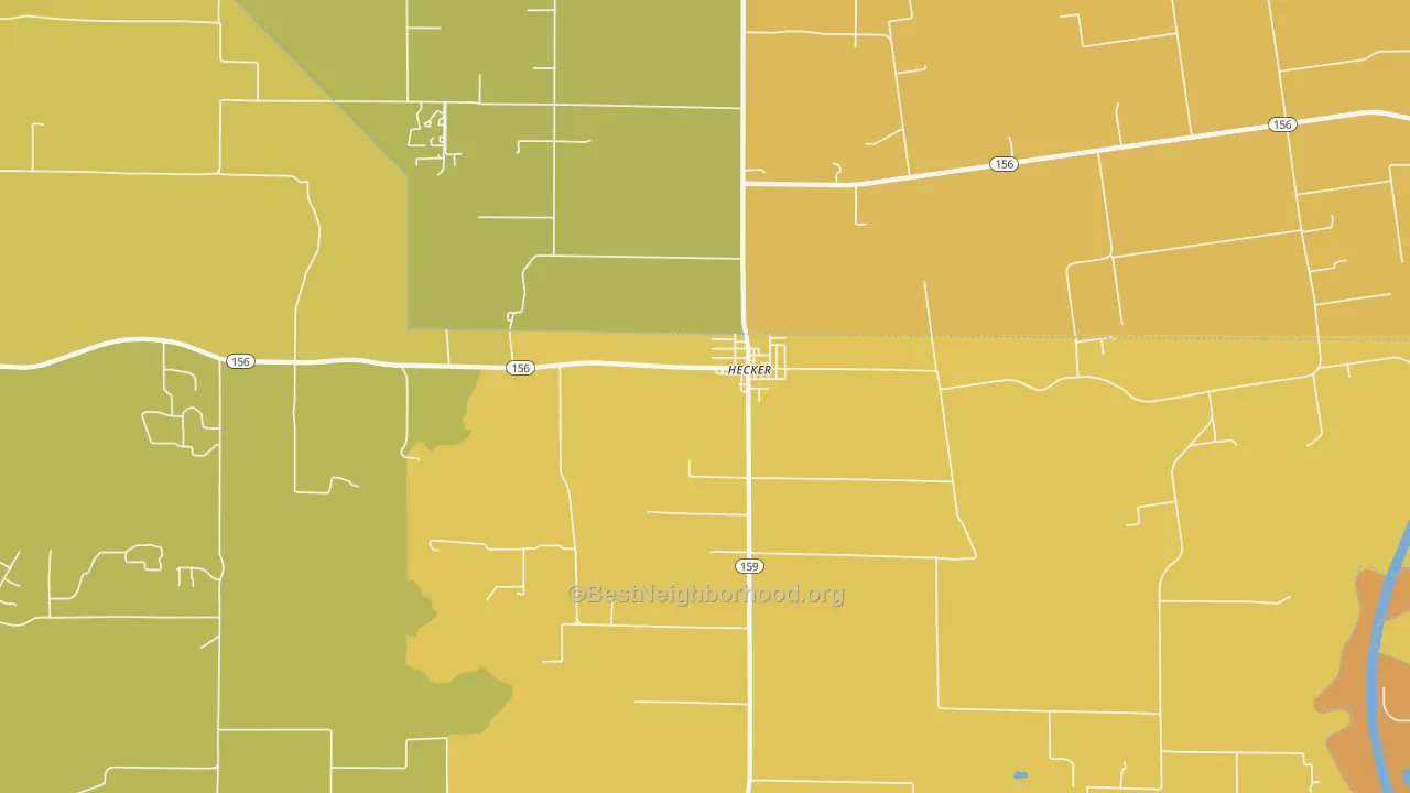 Map of the best neighborhoods in the Hecker area, with better matches in green and worse matches in red