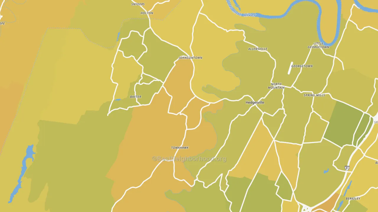 Map of the best neighborhoods in the Hedgesville area, with better matches in green and worse matches in red