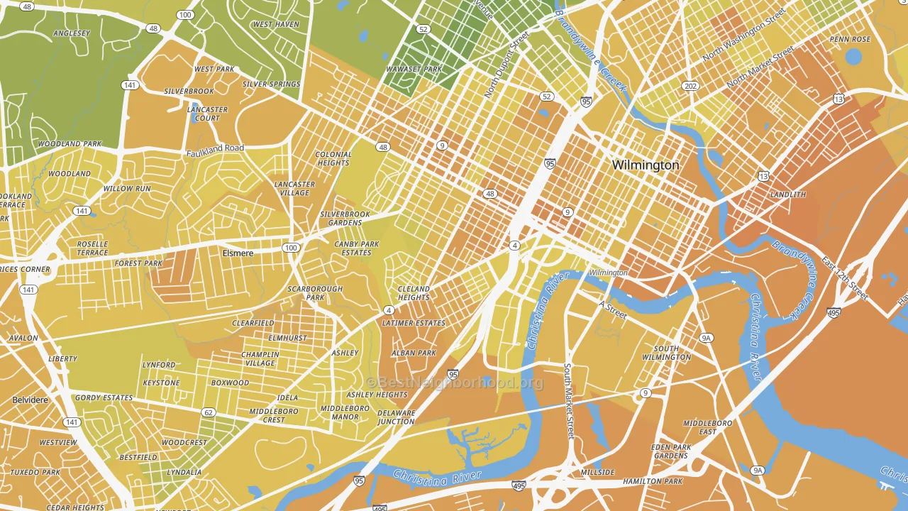 Map of the best neighborhoods in the Hedgeville, Wilmington area, with better matches in green and worse matches in red