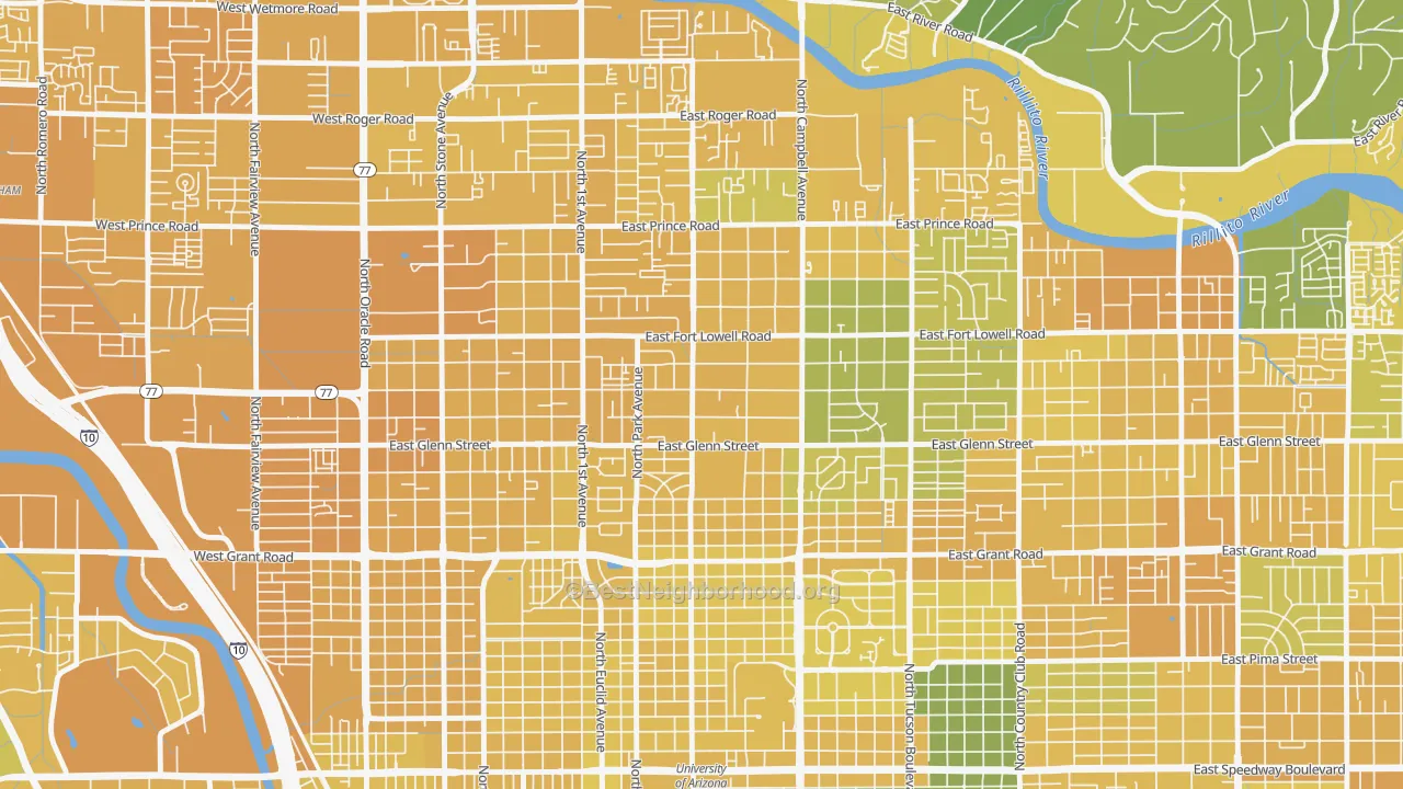 Map of the best neighborhoods in the Hedrick Acres, Tucson area, with better matches in green and worse matches in red
