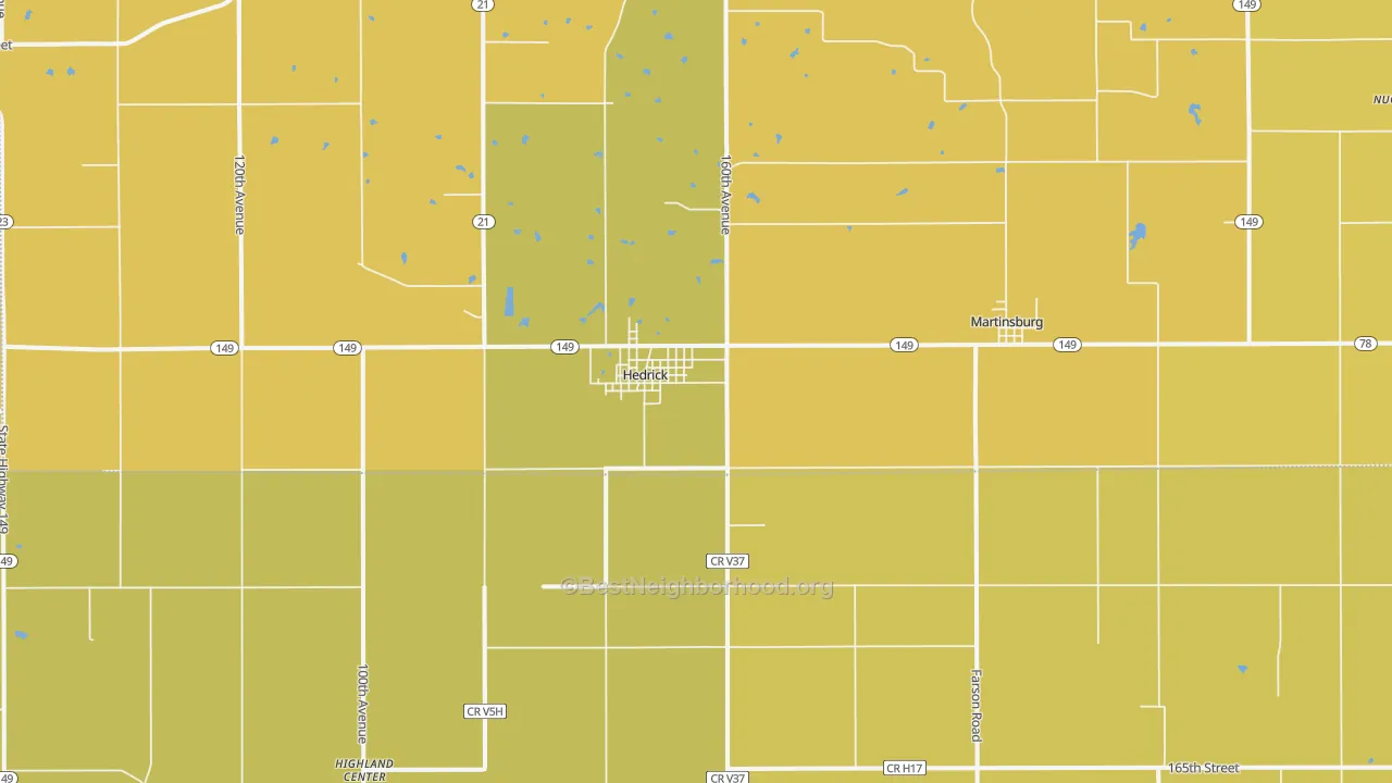 Map of the best neighborhoods in the Hedrick area, with better matches in green and worse matches in red