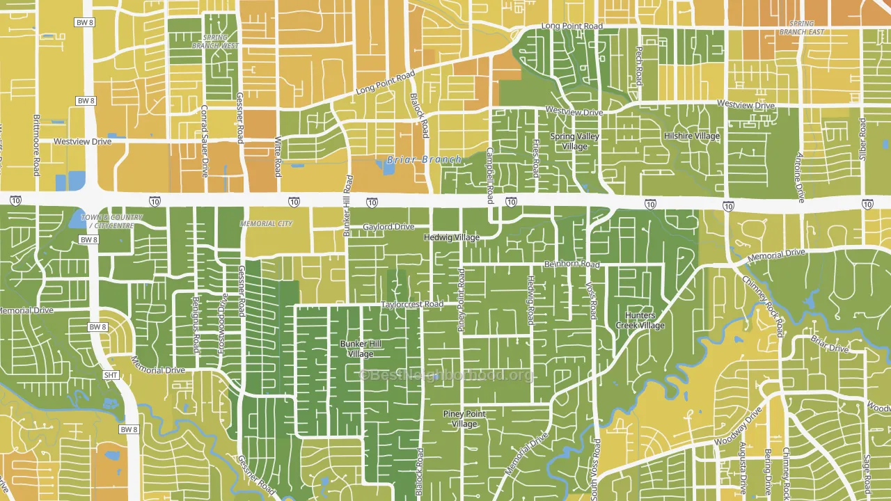 Map of the best neighborhoods in the Hedwig Village area, with better matches in green and worse matches in red
