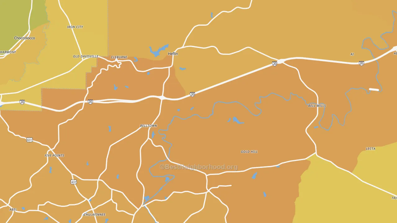 Map of the best neighborhoods in the Heflin area, with better matches in green and worse matches in red