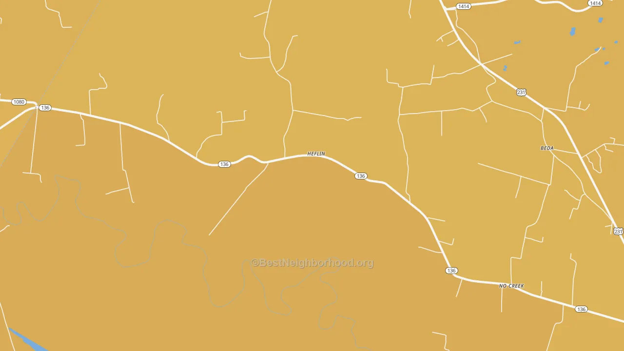 Map of the best neighborhoods in the Heflin area, with better matches in green and worse matches in red