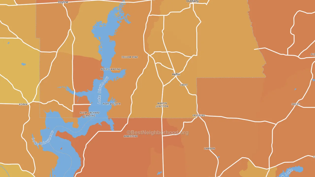 Map of the best neighborhoods in the Heflin area, with better matches in green and worse matches in red