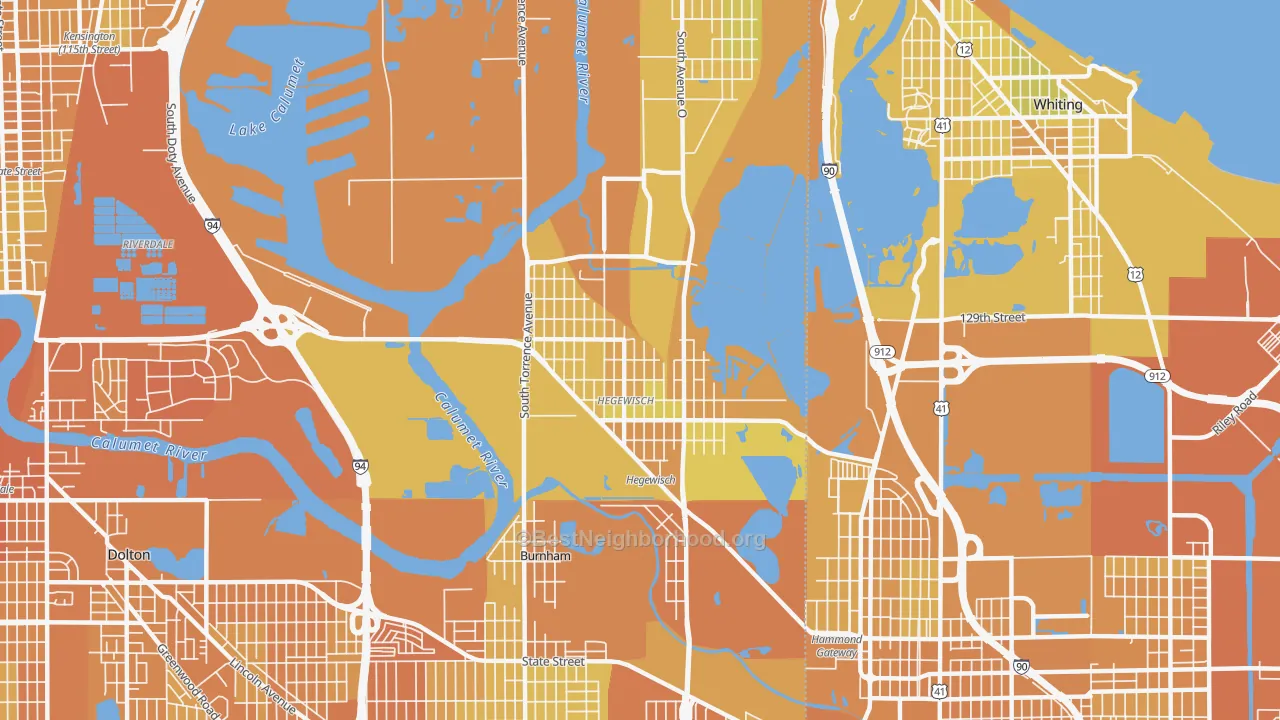 Map of the best neighborhoods in the Hegewisch, Chicago area, with better matches in green and worse matches in red