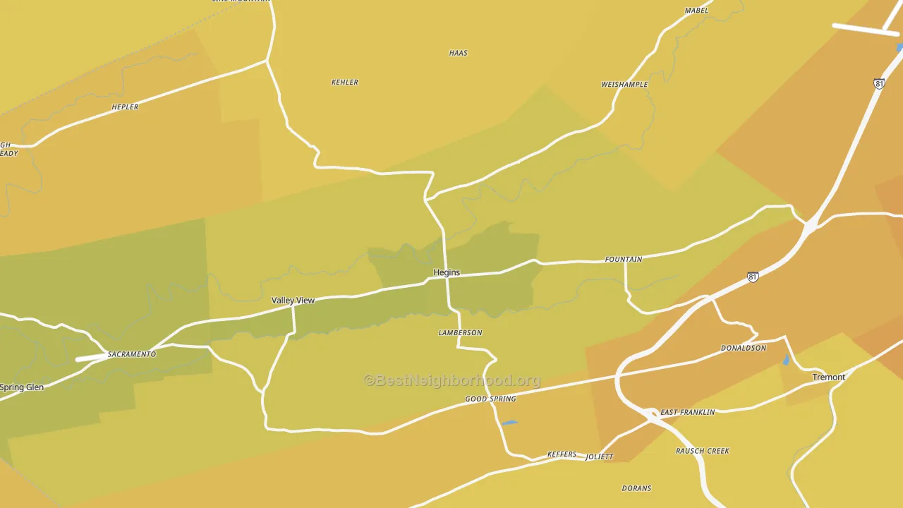 Map of the best neighborhoods in the Hegins area, with better matches in green and worse matches in red