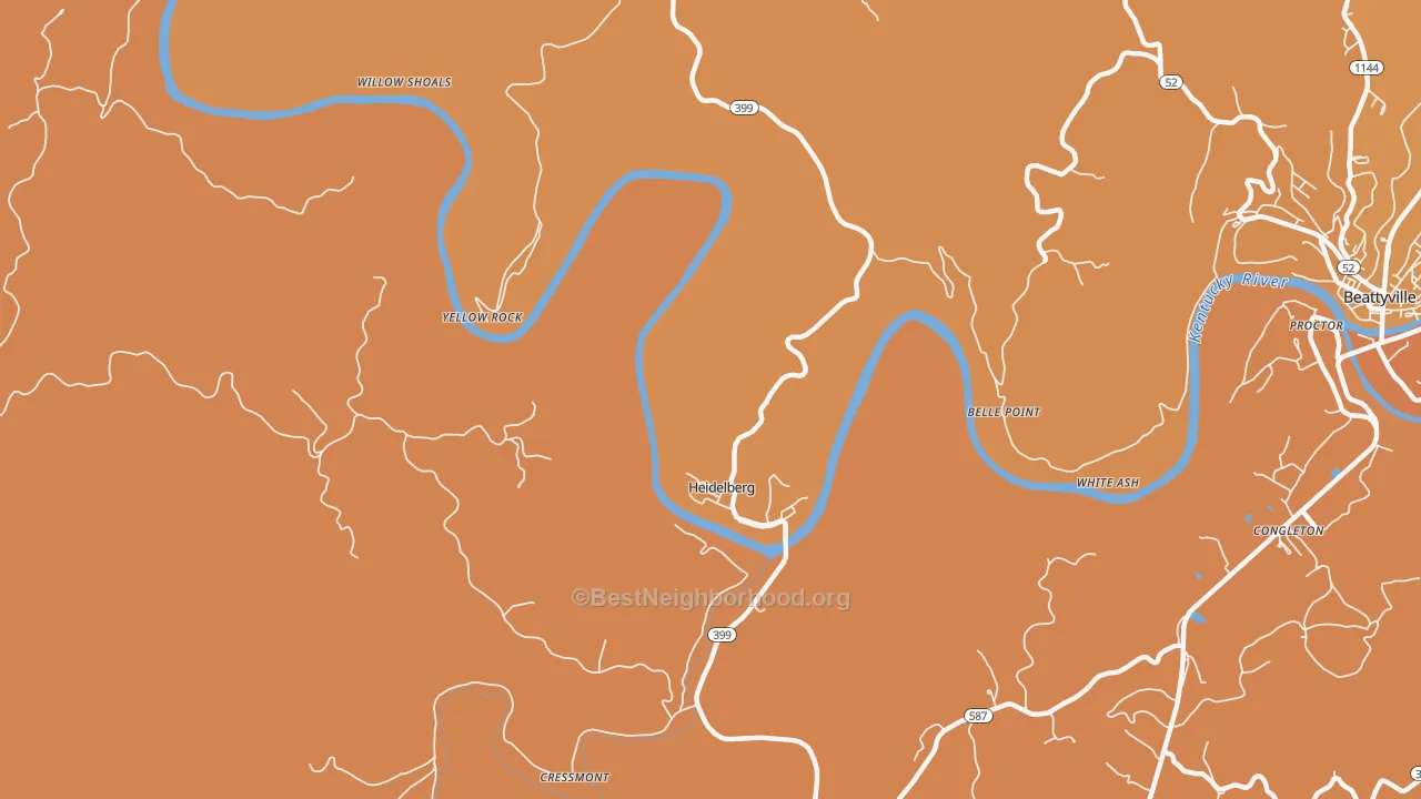 Map of the best neighborhoods in the Heidelberg area, with better matches in green and worse matches in red