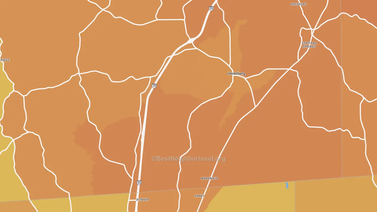 Map of the best neighborhoods in the Heidelberg area, with better matches in green and worse matches in red