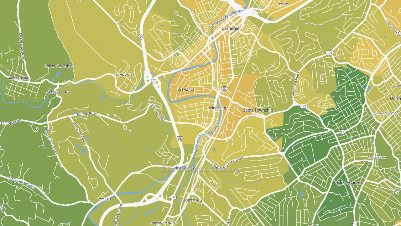 Map of the best neighborhoods in the Heidelberg area, with better matches in green and worse matches in red