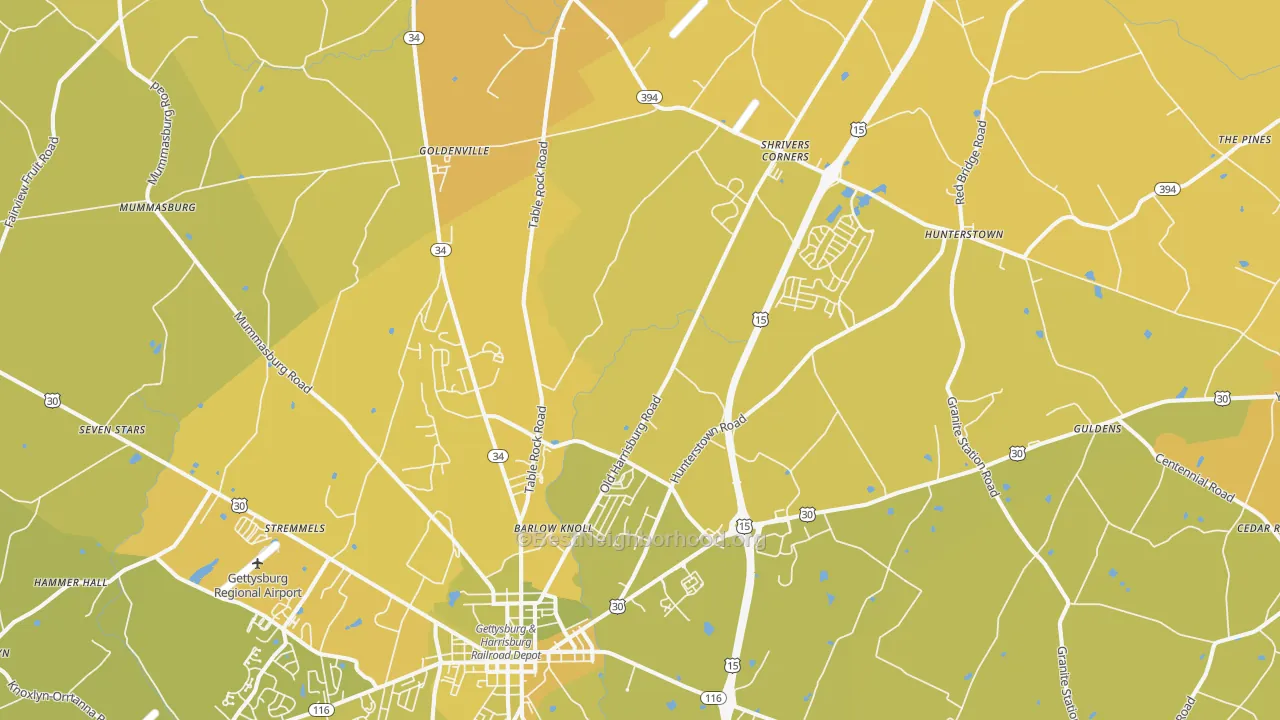 Map of the best neighborhoods in the Heidlersburg area, with better matches in green and worse matches in red