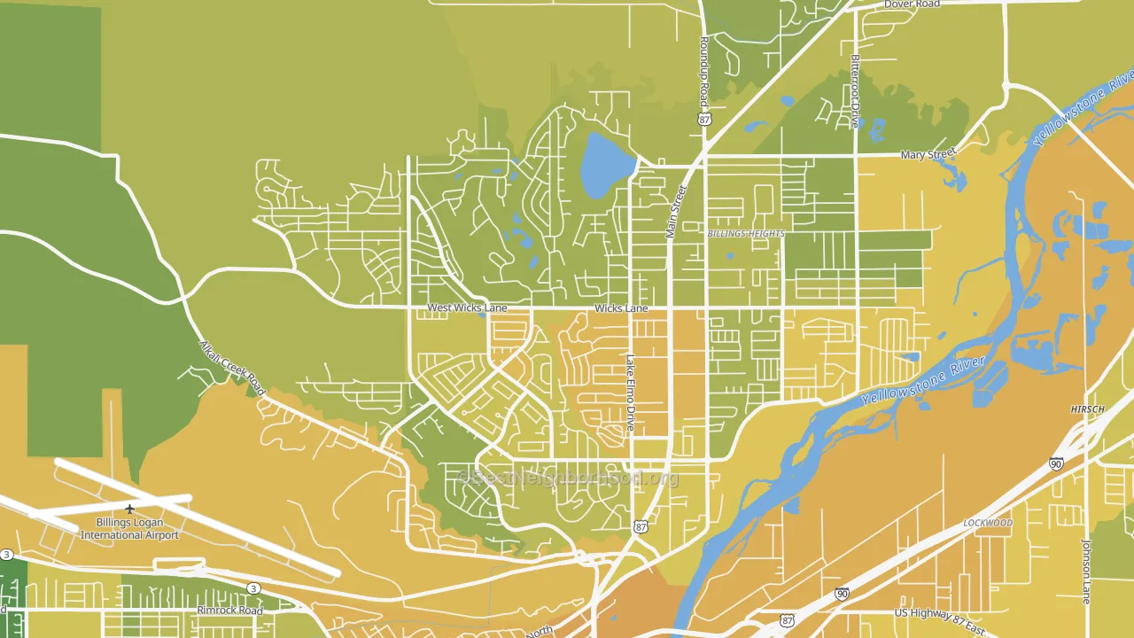 Map of the best neighborhoods in the Heights, Billings area, with better matches in green and worse matches in red