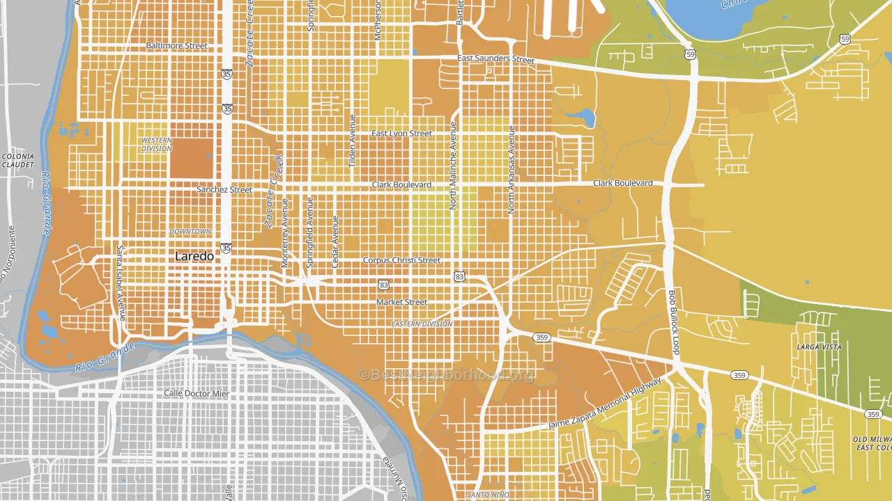 Map of the best neighborhoods in the Heights, Laredo area, with better matches in green and worse matches in red