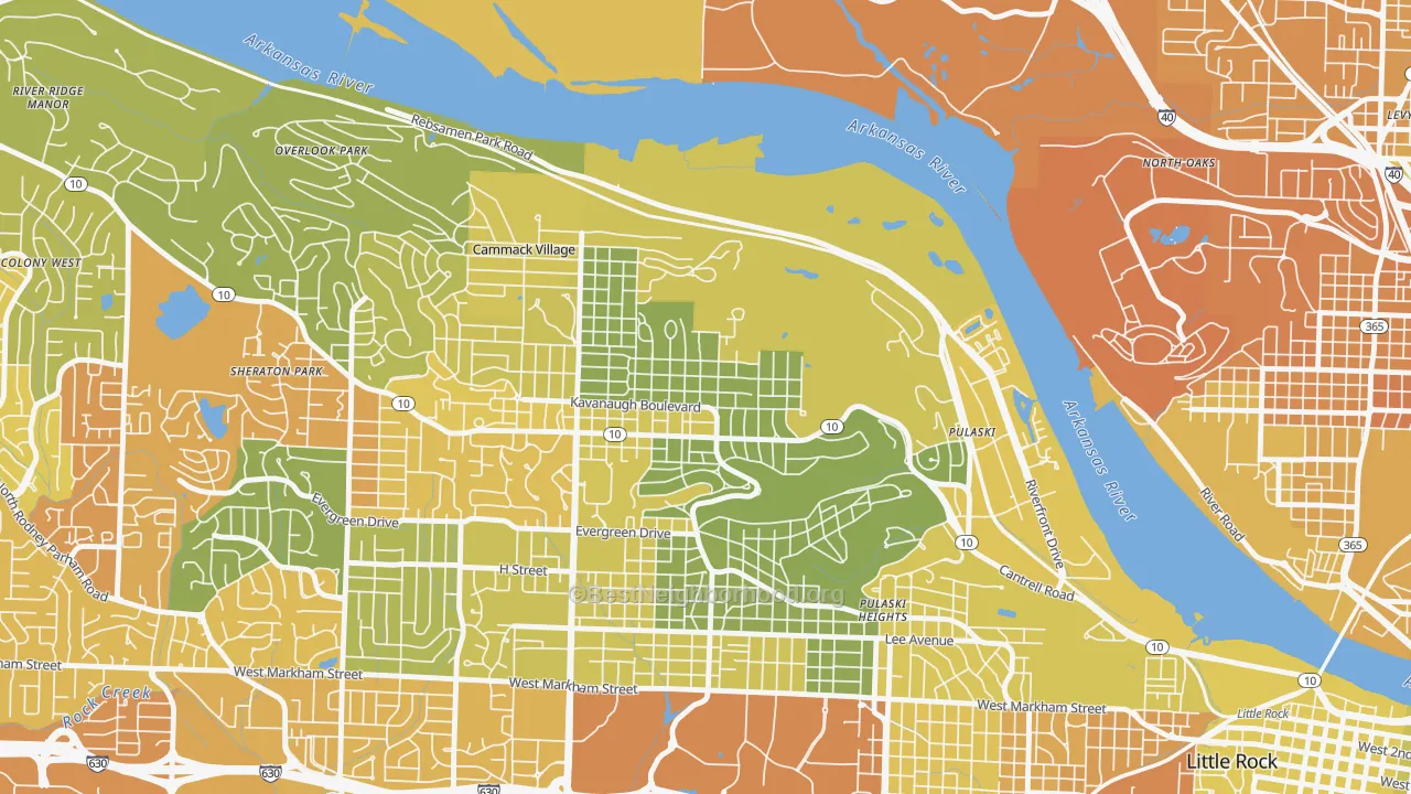 Map of the best neighborhoods in the Heights, Little Rock area, with better matches in green and worse matches in red