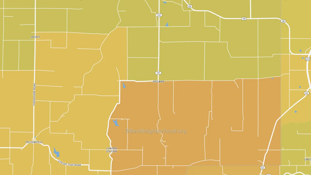 Map of the best neighborhoods in the Heilman area, with better matches in green and worse matches in red