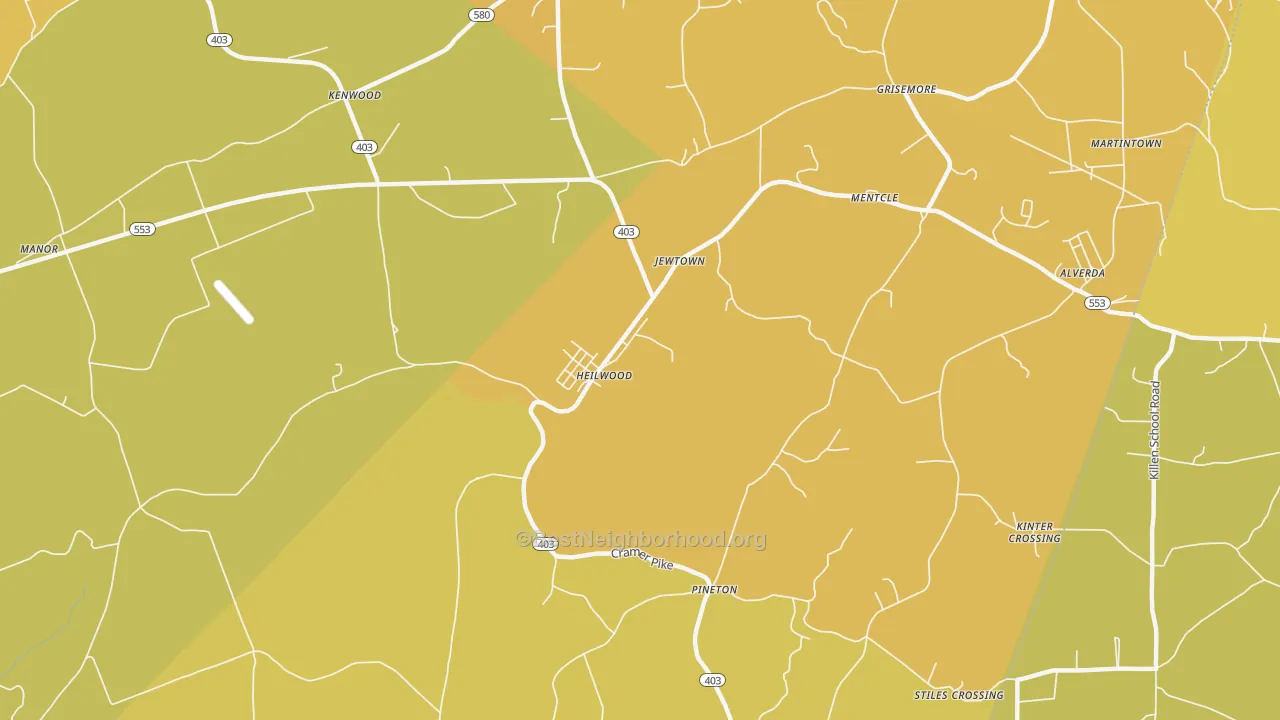 Map of the best neighborhoods in the Heilwood area, with better matches in green and worse matches in red