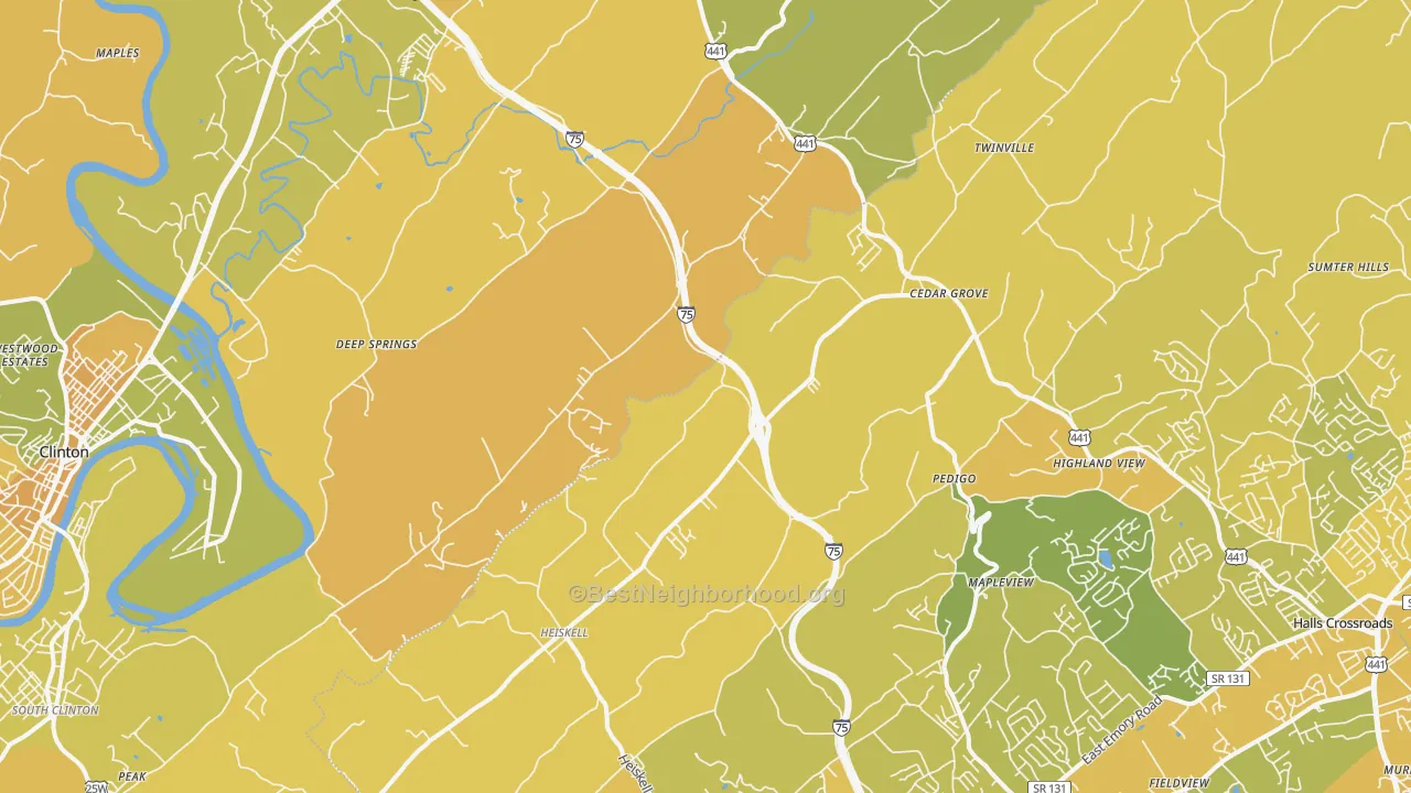 Map of the best neighborhoods in the Heiskell area, with better matches in green and worse matches in red