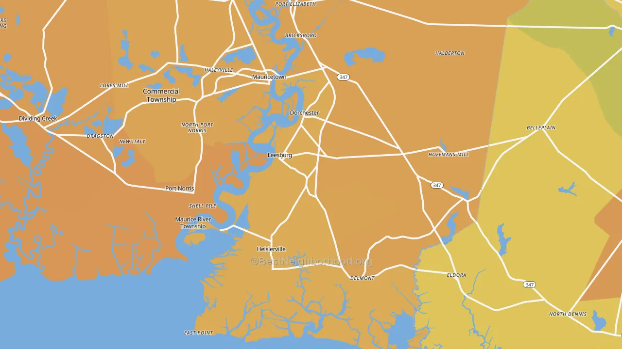 Map of the best neighborhoods in the Heislerville area, with better matches in green and worse matches in red