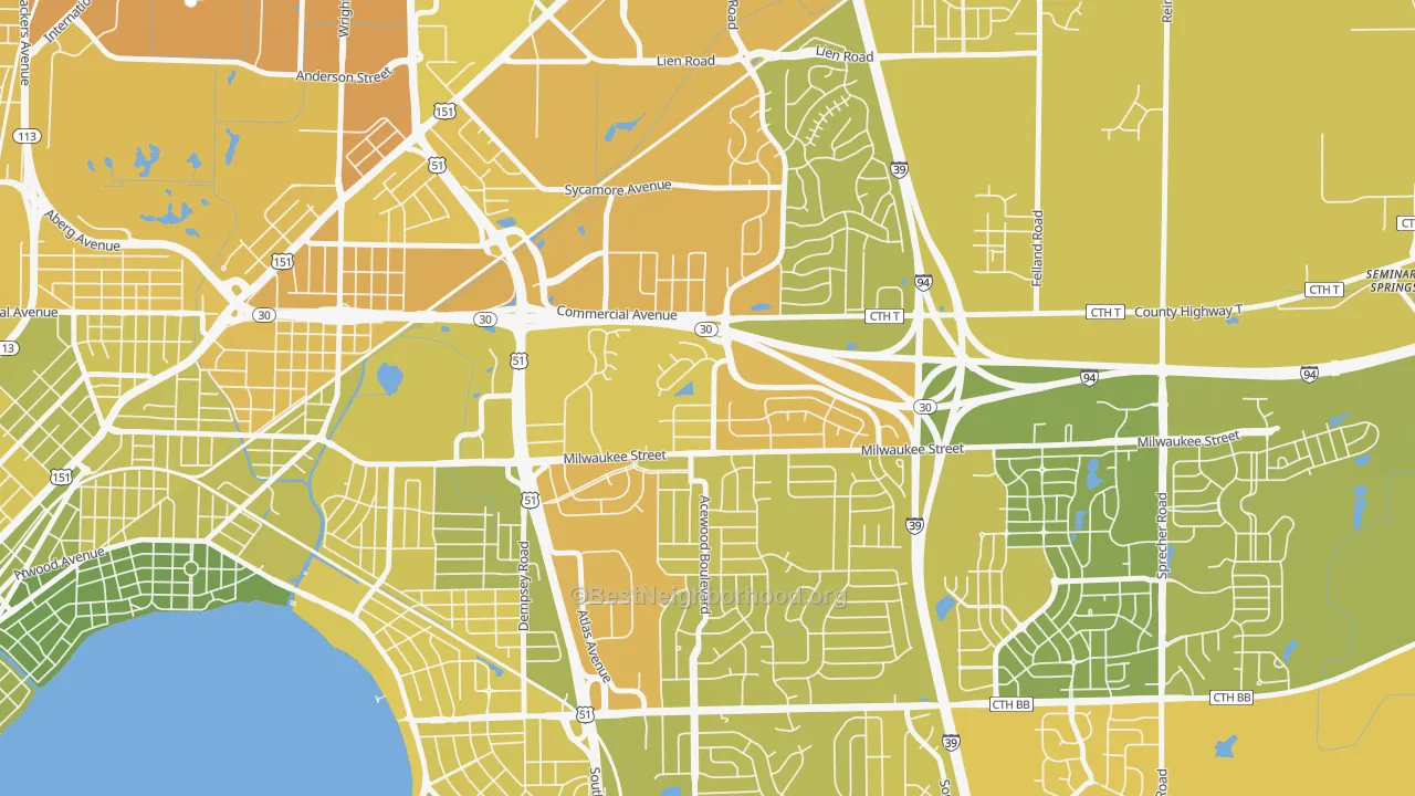 Map of the best neighborhoods in the Heistand, Madison area, with better matches in green and worse matches in red