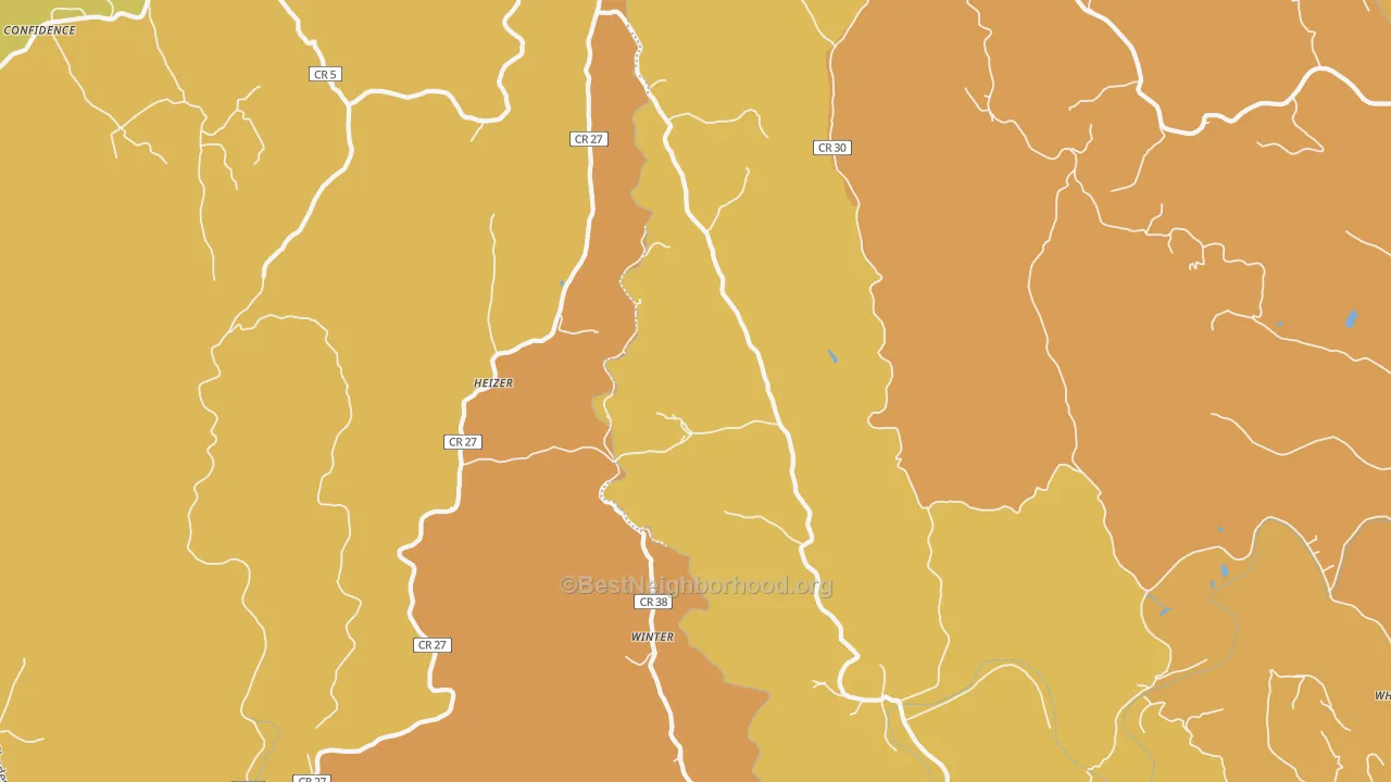 Map of the best neighborhoods in the Heizer area, with better matches in green and worse matches in red